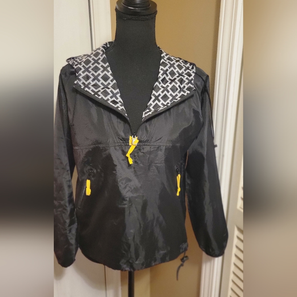 Kids Anna Lane Stylish Black and Yellow Rain 3/4 Zip Jacket, Size Large